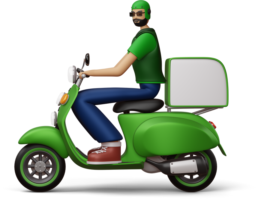 Delivery man riding a motorcycle with delivery box